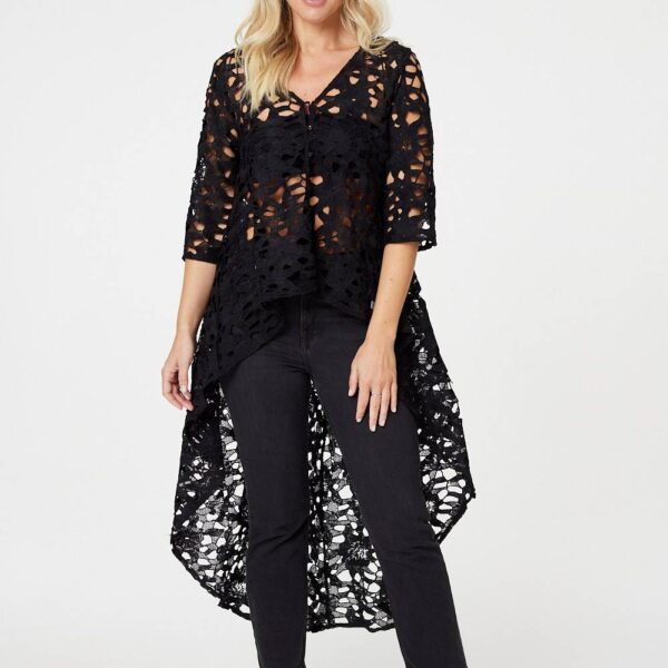Lace Semi Sheer Drop Hem Top