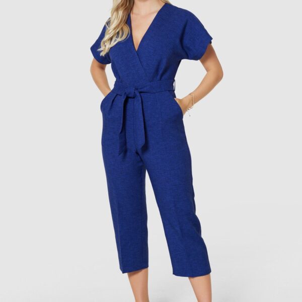 Closet London Navy Blue Wrap Neck Cropped Jumpsuit