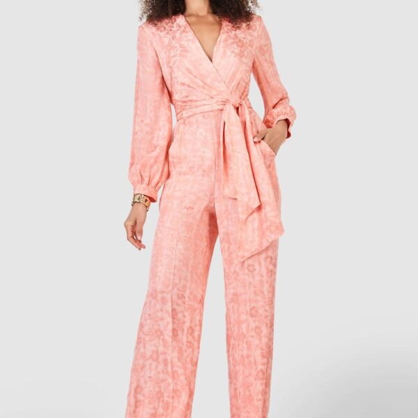 Closet London Peach Jacquard Floral Wrap Jumpsuit