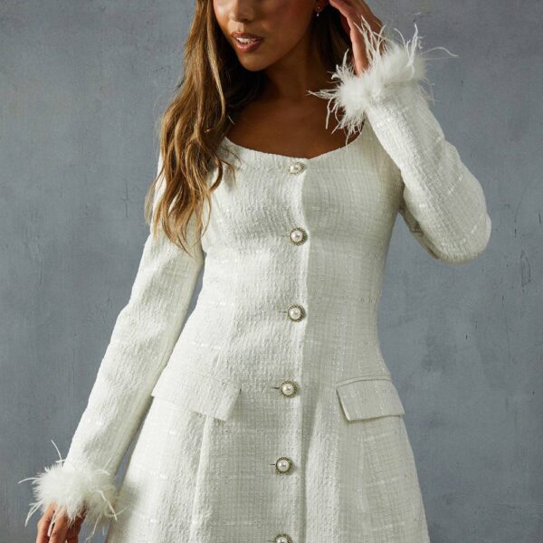 Womens Boucle Feather Trim A-Line Mini Dress - white - 8, White