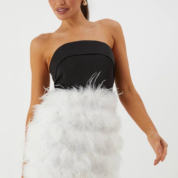 Womens Bandeau Satin Feather Mini Dress - black - 12, Black