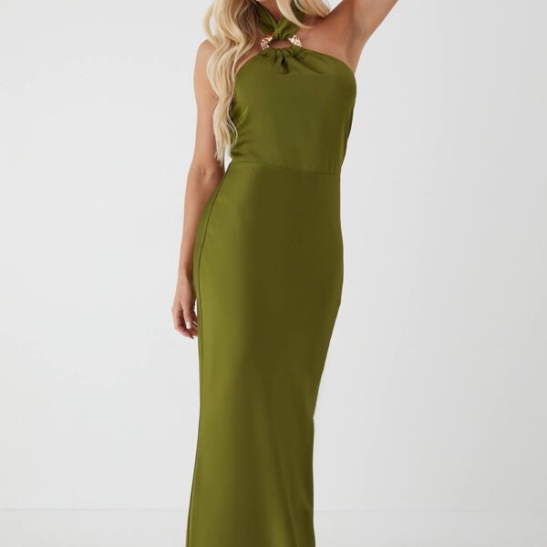 Womens Gold Hammered Satin Maxi Dress - green - 10, Green