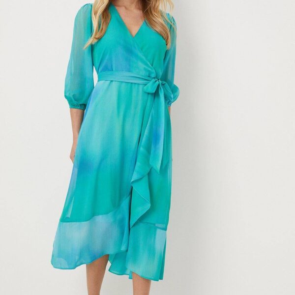 Womens Petite Green Ombre Wrap Dress