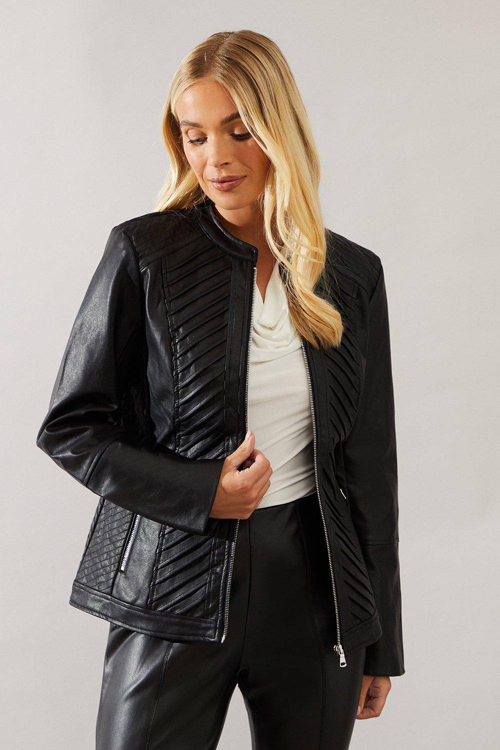 Womens Petite Black Faux Leather Pleat Detail Jacket