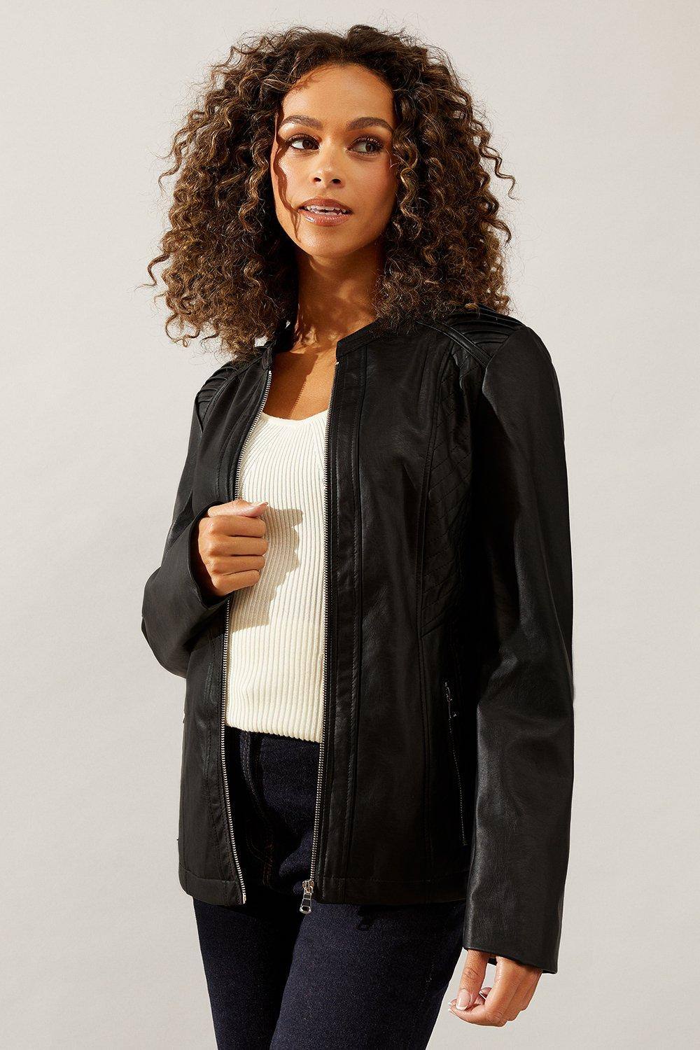 Womens Black Faux Leather Stitch Detail Jacket