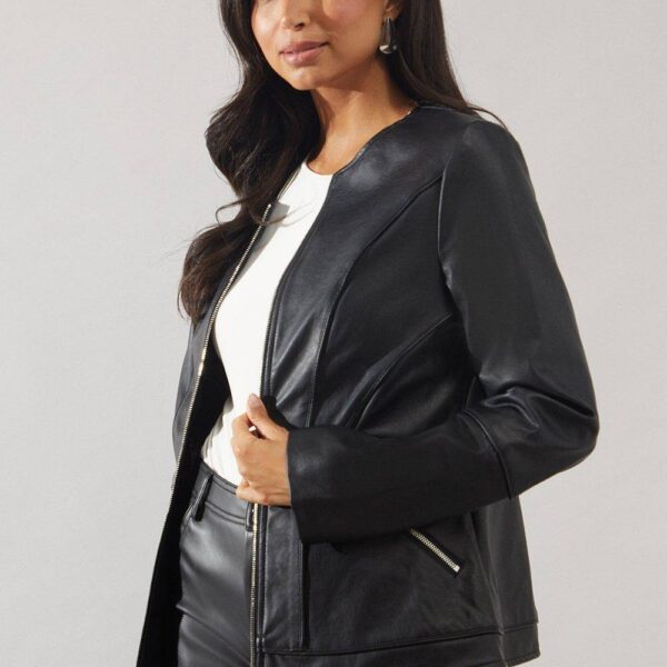 Womens Black Faux Leather Collarless Seam Detail Jacket