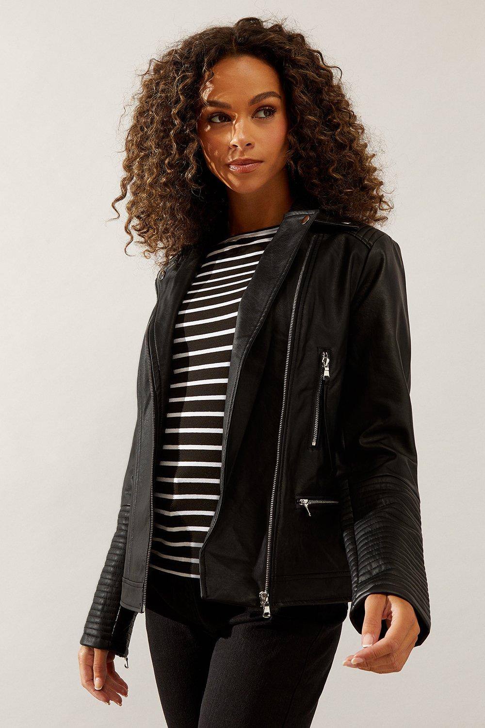 Womens Black Faux Leather Tab Detail Biker Jacket