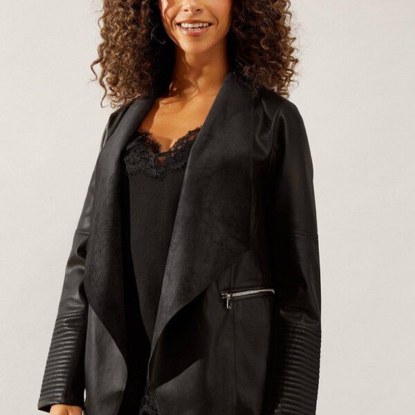 Womens Black Faux Leather Waterfall Jacket