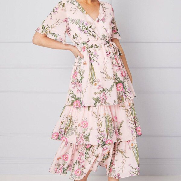 Womens Occasion Floral Print Ruffle Midi Dress