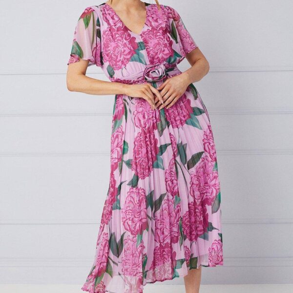Womens Floral Corsage Waistband Midi Dress