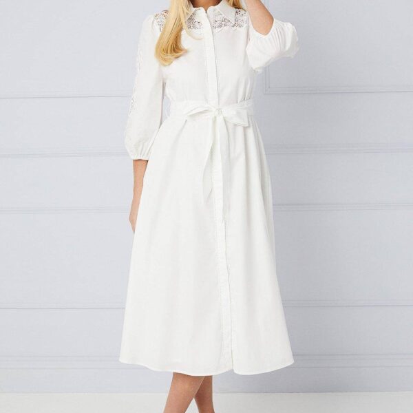 Womens Petite Occasion Cotton Cutwork Detail Shirt Dress