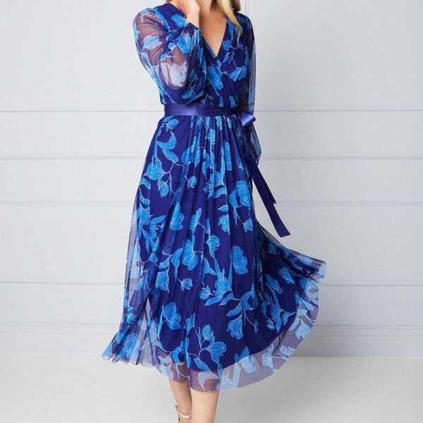 Womens Floral Mesh Satin Tie Midi Dress