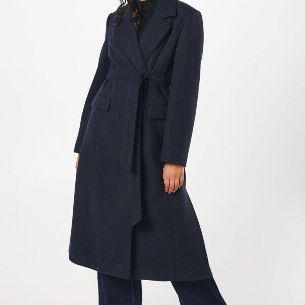 Womens Petite Long Line Belted Coat With Splits