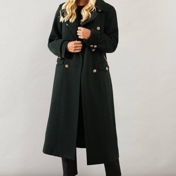 Womens Petite Military Double Breasted Longline Coat