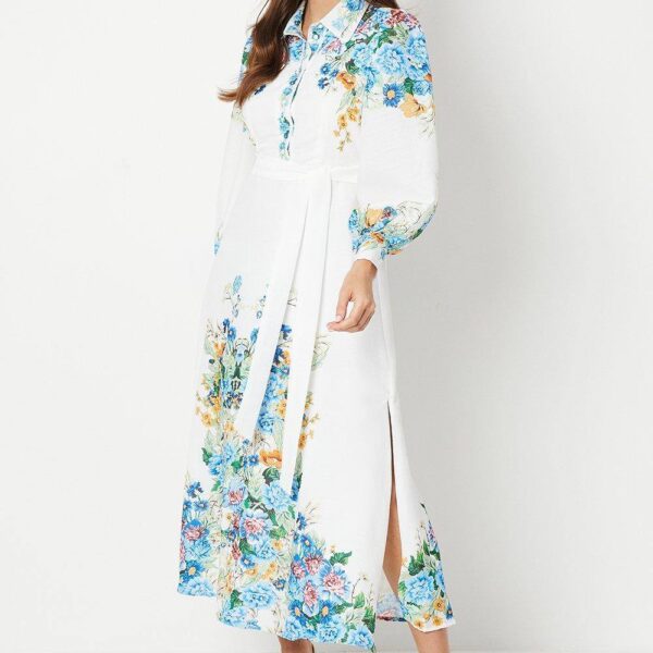 Womens Floral Western Belted Midi Shirt Dress