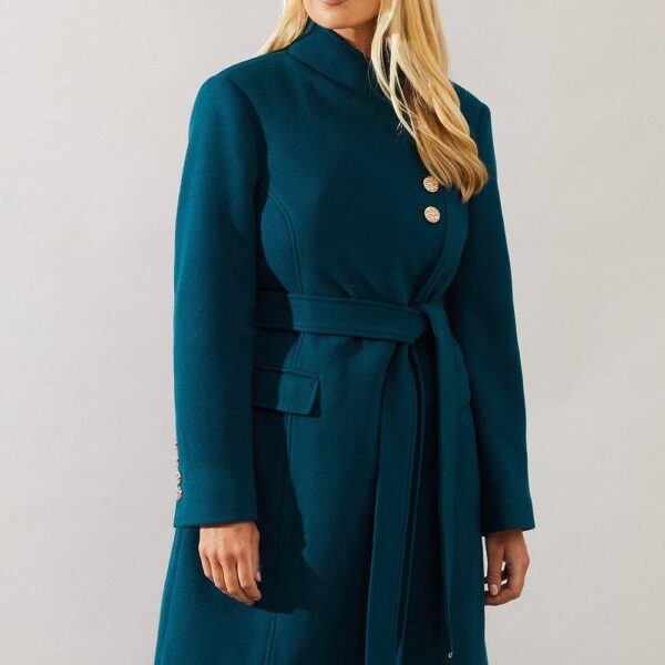 Womens Petite Button Detail Belted Wrap Coat