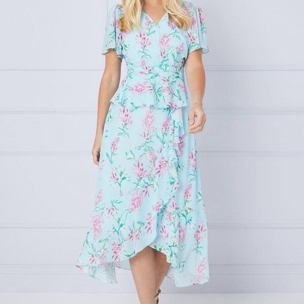 Womens Petite Floral Ruffle Peplum Midi Dress