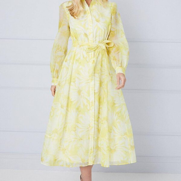 Womens Petite Floral Organza Shirt Midi Dress