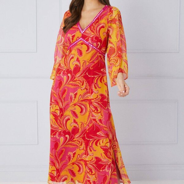 Womens Paisley Print Trim Detail Midaxi Dress