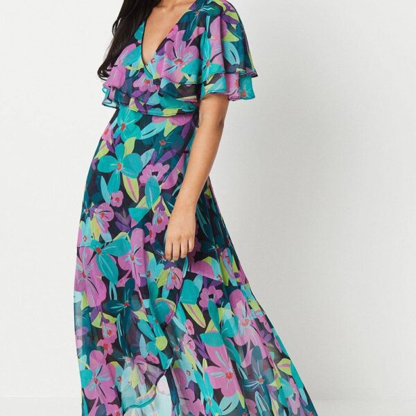 Womens Petite Floral Print Ruffle Sleeve Wrap Maxi Dress