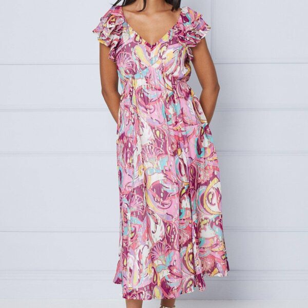 Womens Petite Paisley Metallic Ruffle Shoulder Midi Dress