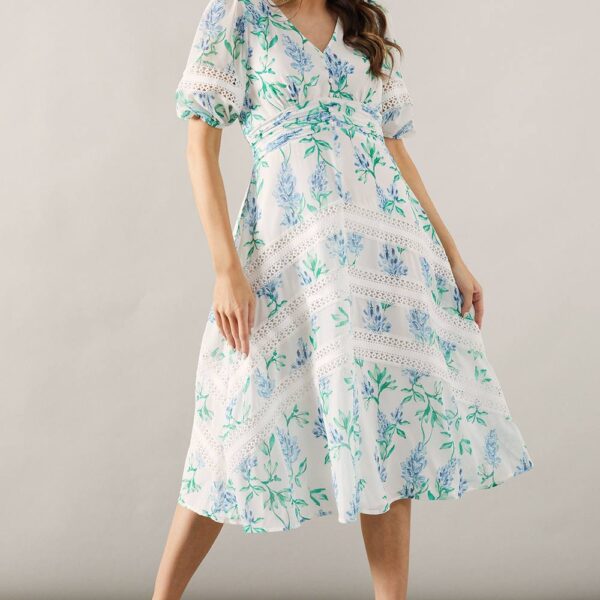 Womens Petite Floral Lace Insert Button Midi Dress