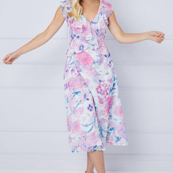 Womens Petite Floral Dobby Ruffle Midi Dress
