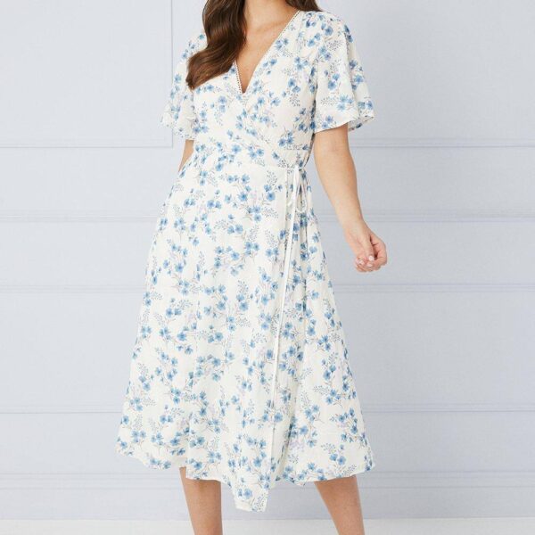 Womens Floral Satin Jacquard Wrap Midi Dress