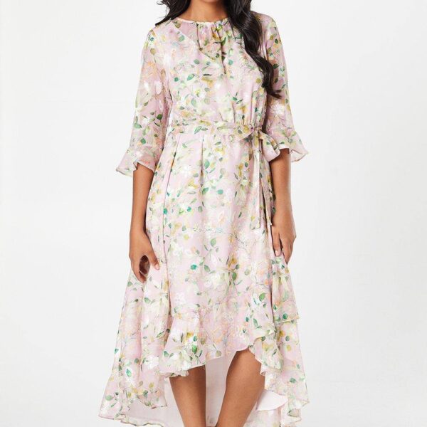 Womens Petite Floral Jacquard Ruffle Midaxi Dress