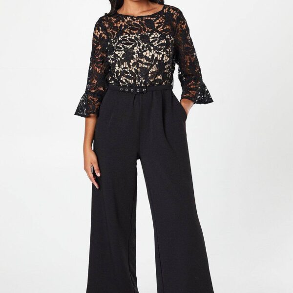 Womens Petite Lace Ruffle Sleeve Jumpsuit