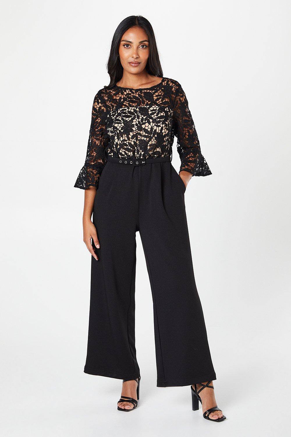 Womens Petite Lace Ruffle Sleeve Jumpsuit