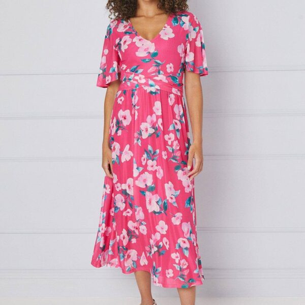 Womens Floral Mesh Wrap Waist Midi Dress