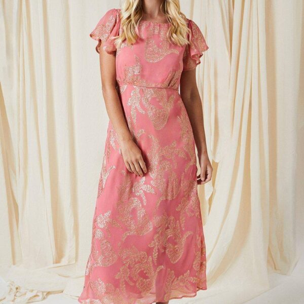 Womens Petite Metallic Bias Midaxi Dress