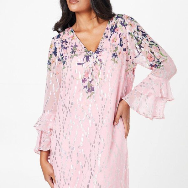 Womens Petite Floral Metallic Ruffle Sleeve Shift Dress