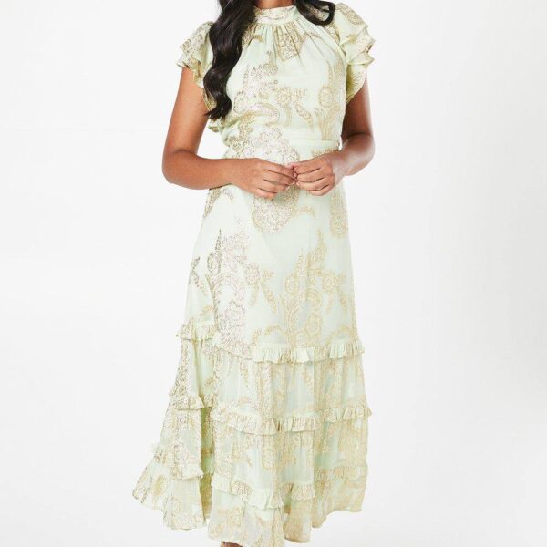 Womens Petite Metallic Ruffle Sleeve Midaxi Dress