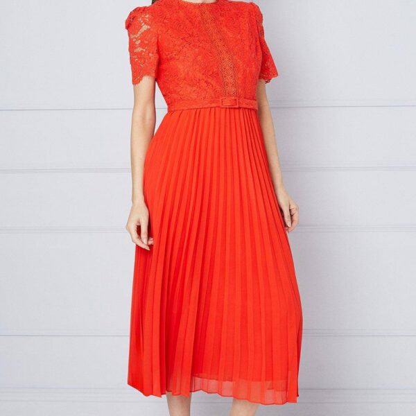 Womens Premium Lace Belted Pleated Midi Dress