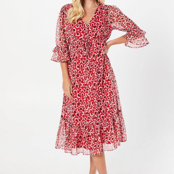Womens Petite Red Leopard Midi Tea Dress
