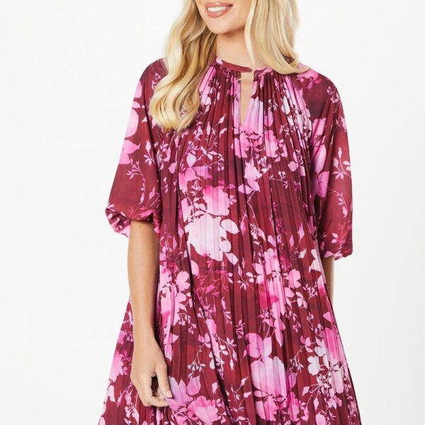 Womens Petite Floral Pleated 3/4 Sleeve Shift Dress