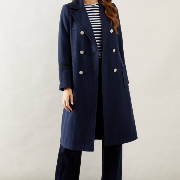 Womens Military Double Breasted Trim Detail Coat