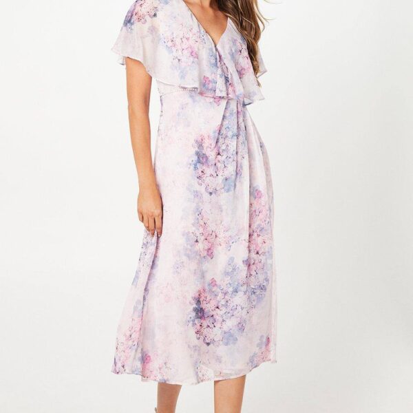 Womens Printed Cape Sleeve Wrap Midaxi Chiffon Dress