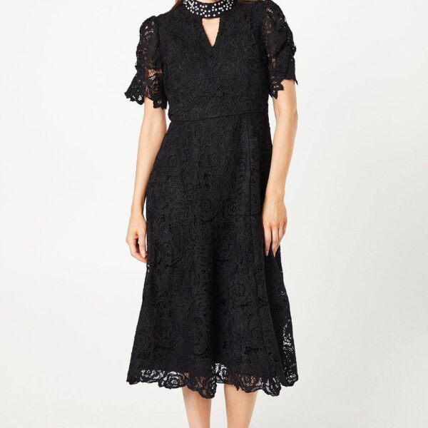 Womens Occasion Embellished Sequin High Neck Lace Midi Dress