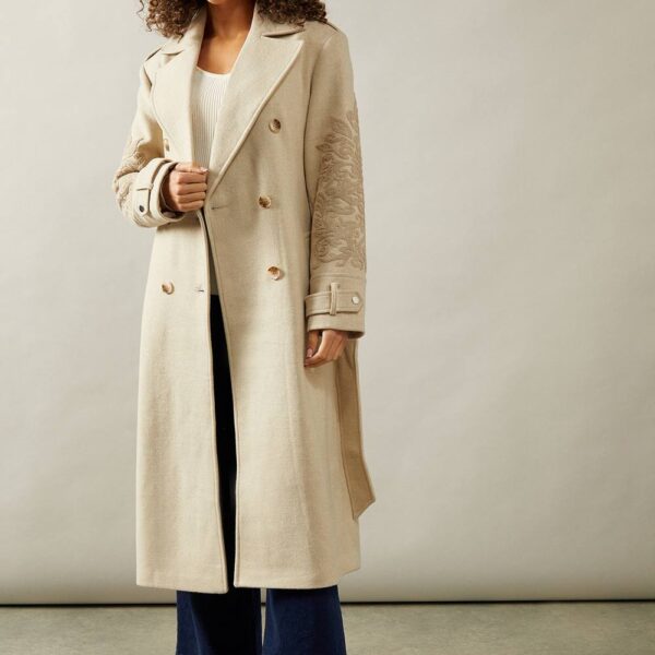 Womens Longline Belted Embroidered Coat