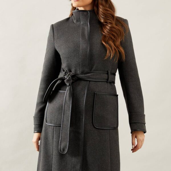 Womens Belted Faux Leather Piped Coat