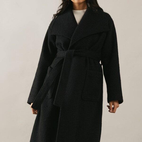 Womens Black Shawl Collar Belted Coat