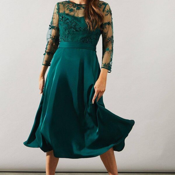 Womens Satin And Mesh Overlay Fit And Flare Dress