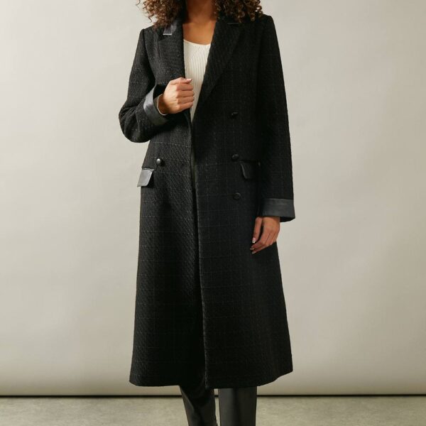 Womens Faux Leather Detail Wool Belted Coat
