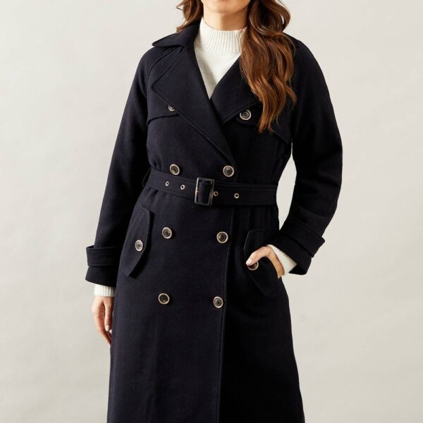 Womens Wool Mix Military Belted Trench Coat