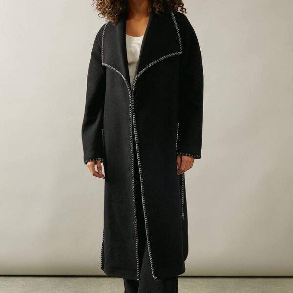 Womens Whip stitch Shawl Collar Belted Coatblack