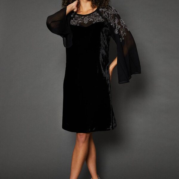 Womens Occasion Velvet Embellished Sequin Split Sleeve Shift Dress