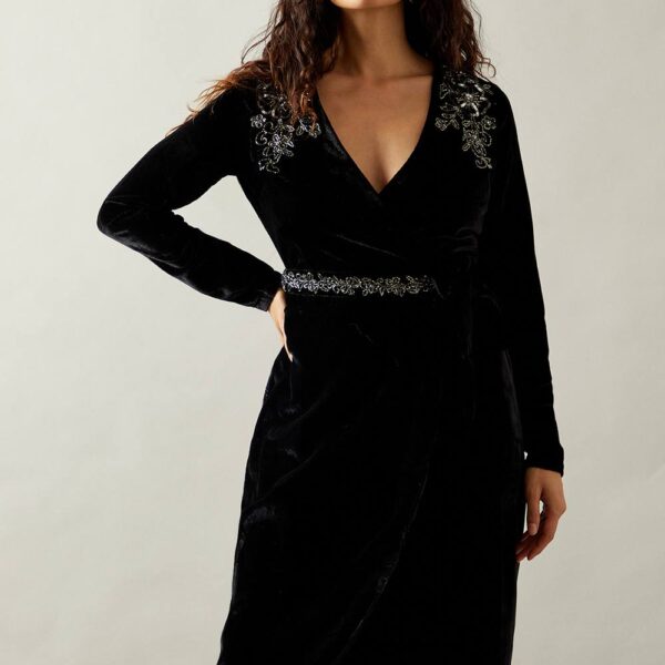 Womens Occasion Velvet Embellished Sequin Wrap Midi Dress